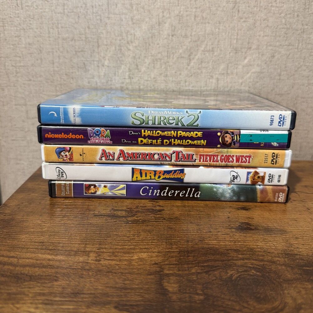 Lot of 5 DVD Movies - Children Cinderella, Air Buddies, Shrek 2, Dora Halloween